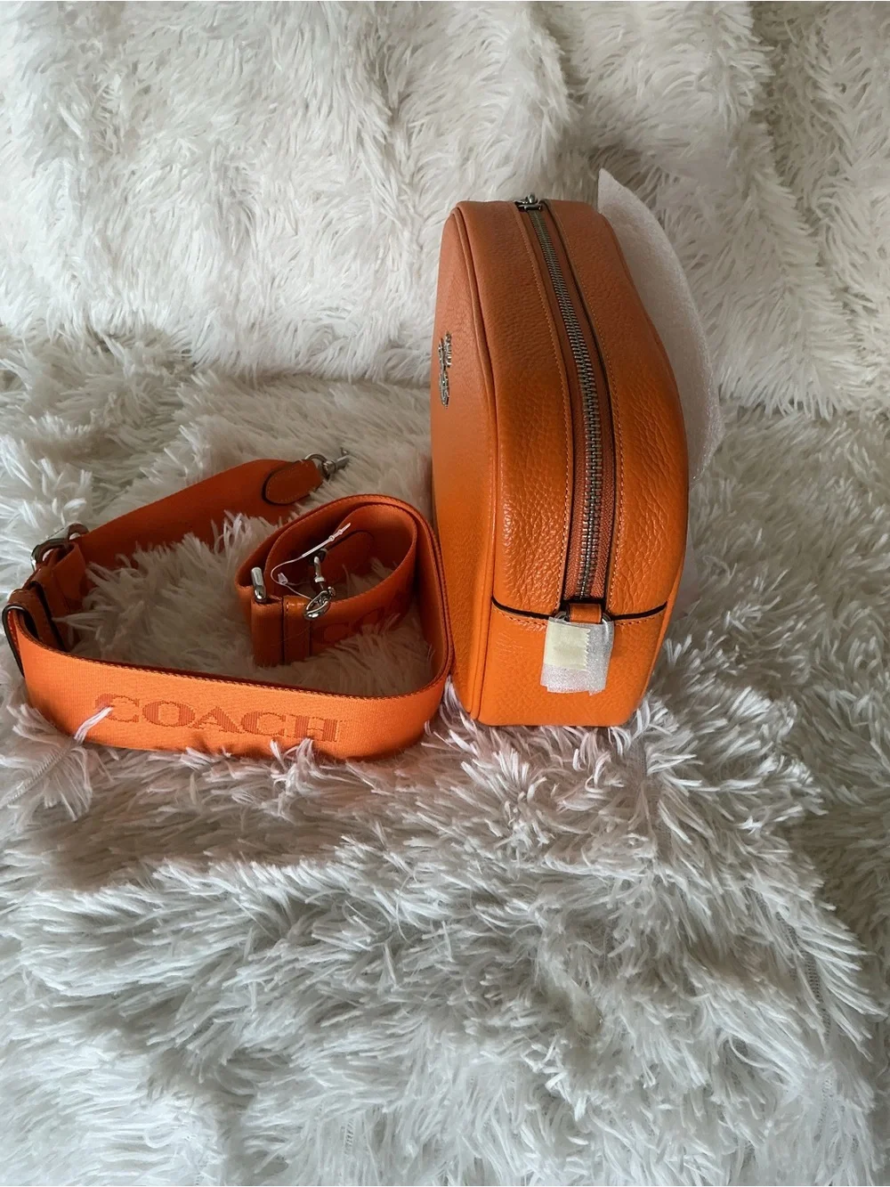 Coach Pebbled Leather Crossbody Camera Bag in Orange with Branded Strap